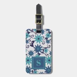 Elegant Monogram Blue Turquoise Flower Pattern Bagagelabel