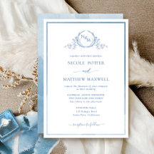 Elegant Monogram Blue Waterverf Wedding Invitatio