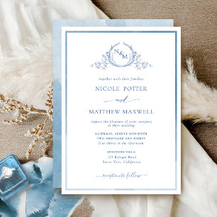 Elegant Monogram Blue Waterverf Wedding Invitatio Kaart