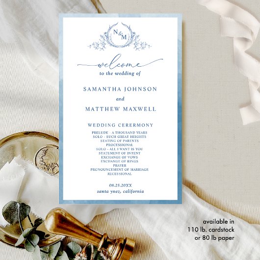 Élégant Monogram Blue Wedding Programme