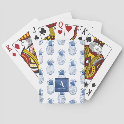 Elegant Monogram Blue White Pineappel Pokerkaarten (Achterkant)