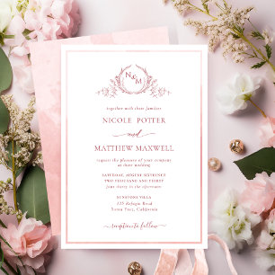 Elegant Monogram Blush Pink Waterverf Wedding IV Kaart