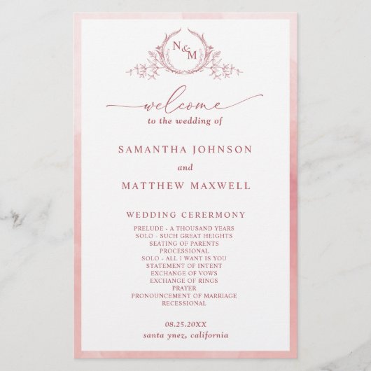 Elegant Monogram Blush Roze Bruiloft Programma (Voorkant)