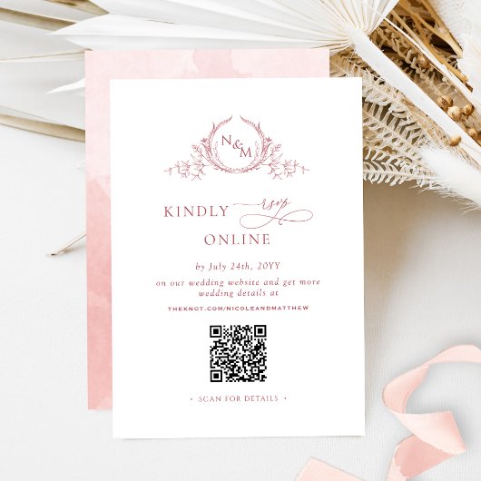 Elegant Monogram Blush Roze RSVP Online QR Code Informatiekaartje