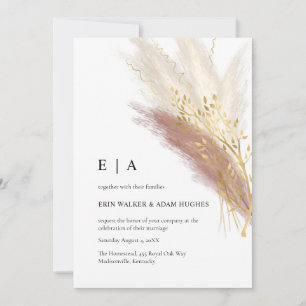 Elegant Monogram Boho Roze Gouden Pampas Gras Kaart