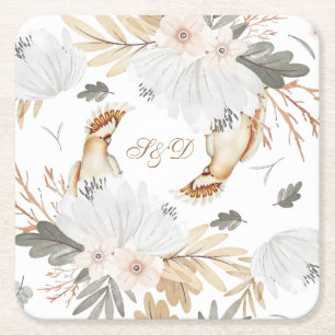 Elegant Monogram Boho Waterverf bloemen & vogels Vierkante Kartonnen Onderzetter