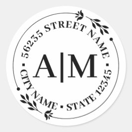 Elegant monogram botanisch retouradres bruiloft ronde sticker