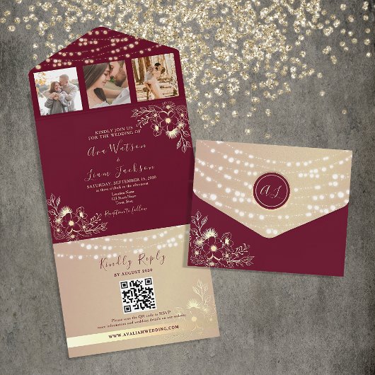 Elegant Monogram Bourgondië en gouden bruiloft All In One Uitnodiging