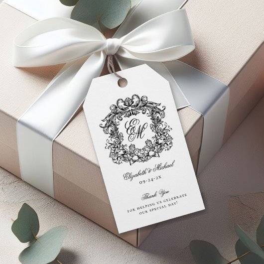 Elegant Monogram Bruiloft Crest Cadeaulabel