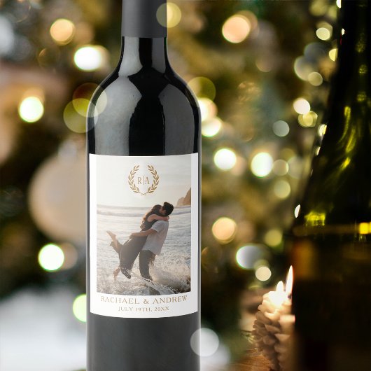 Elegant Monogram Bruiloft Goud Wit Wijn Etiket