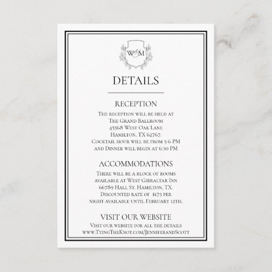 Elegant  Monogram Bruiloft Informatiekaartje (Voorkant)