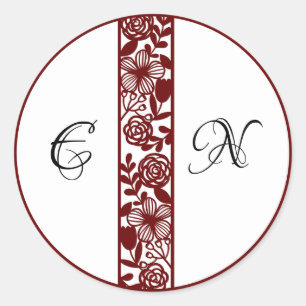 Elegant Monogram Bruiloft Maroon Ronde Stickers