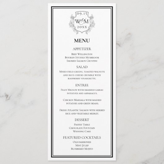 Elegant  Monogram Bruiloft Menu (Voorkant)