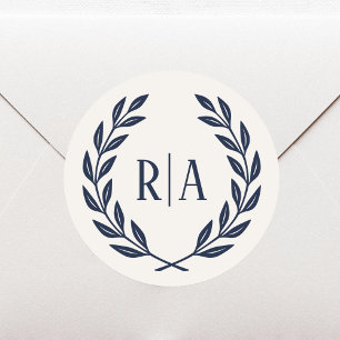 Elegant Monogram Bruiloft Navy Blauw Ronde Sticker