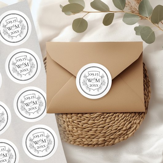 Elegant  Monogram Bruiloft Ronde Sticker