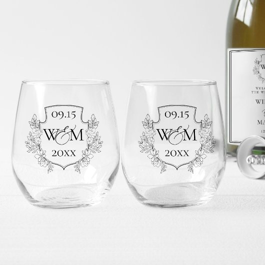 Elegant Monogram Bruiloft Wijnglas Zonder Voet