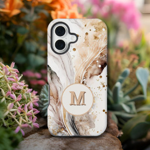 Elegant Monogram Bruine Goud Marmer Abstract Ontwe iPhone 15 Plus Case
