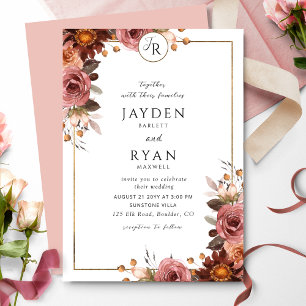 Elegant Monogram Bruine wijn en roze roze trouwfee Kaart