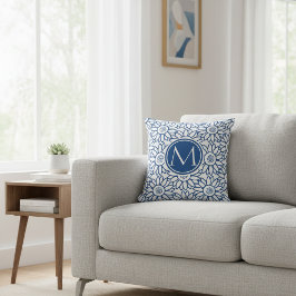 Elegant Monogram Classic Blue Sunflower Kussen