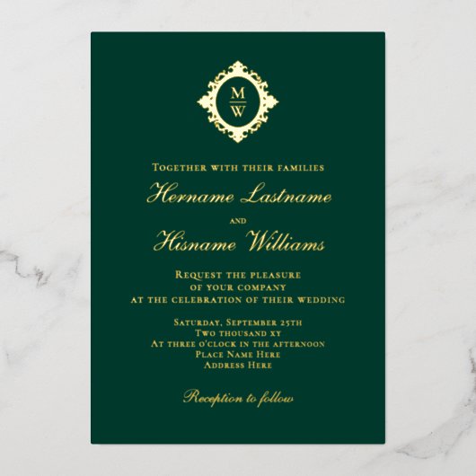 Elegant Monogram Classic Luxe Emerald Green Gold Folie Uitnodiging (Voorkant)