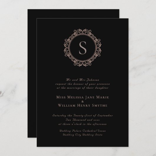 Elegant Monogram Copper Blush Black Wedding Kaart (Voorkant / Achterkant)