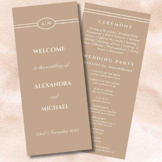 Élégant Monogram Cream Taupe Wedding Programme