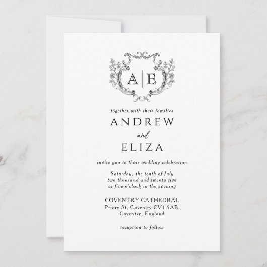 Elegant Monogram Crest Black en White Wedding Kaart (Voorkant)