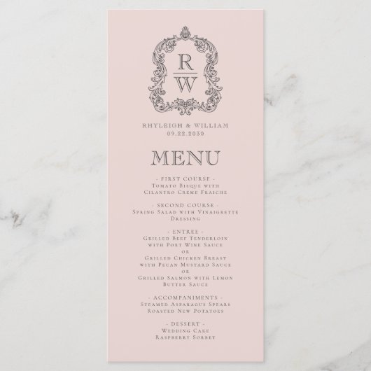 Elegant Monogram Crest Blush Pink Wedding Menu (Voorkant)