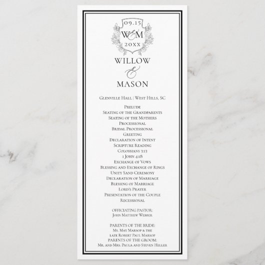 Elegant  Monogram Crest Bruiloft Programma (Voorkant)