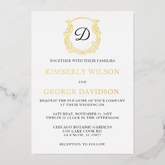 Elegant Monogram Crest Gold Wedding Folie Uitnodiging (Voorkant)