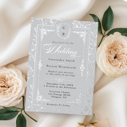 Elegant Monogram Crest Gray Silver Frame Wedding  Folie Uitnodiging