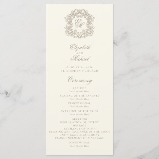 Elegant Monogram Crest Ivory Wedding Program Programma (Voorkant)