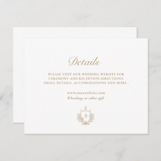 Elegant Monogram Crest Mariage Détails Carte (Devant / Derrière)