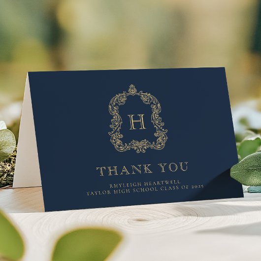 Elegant Monogram Crest Navy Blauw Goud Afstuderen Bedankkaart