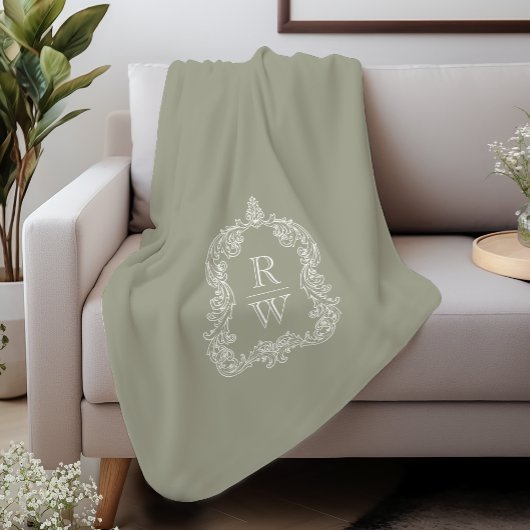 Elegant Monogram Crest Sage Groen Sherpa Deken