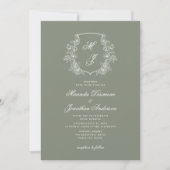 Elegant Monogram Crest Sage Groene Bruiloft Kaart (Voorkant)