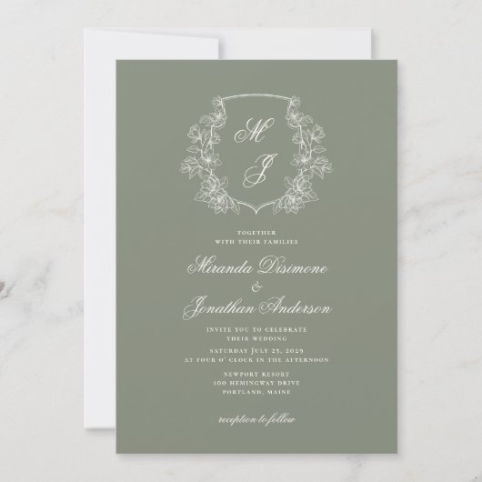 Elegant Monogram Crest Sage Groene Bruiloft Kaart (Voorkant)