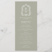Elegant Monogram Crest Sage Groene Bruiloft Menu (Voorkant)