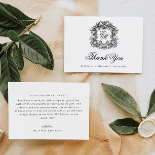 Elegant Monogram Crest Vintage Wedding Bedankkaart