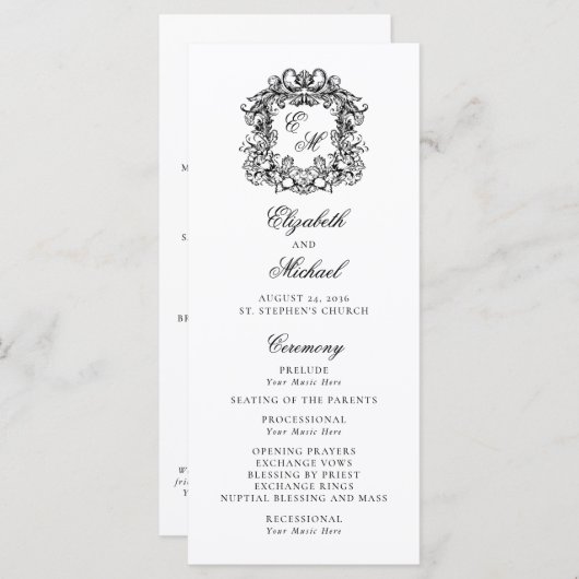Elegant Monogram Crest Wedding Programma (Voorkant / Achterkant)