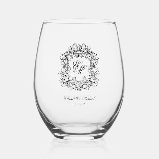 Elegant Monogram Crest Wedding Wijnglas Zonder Voet (Voorkant)