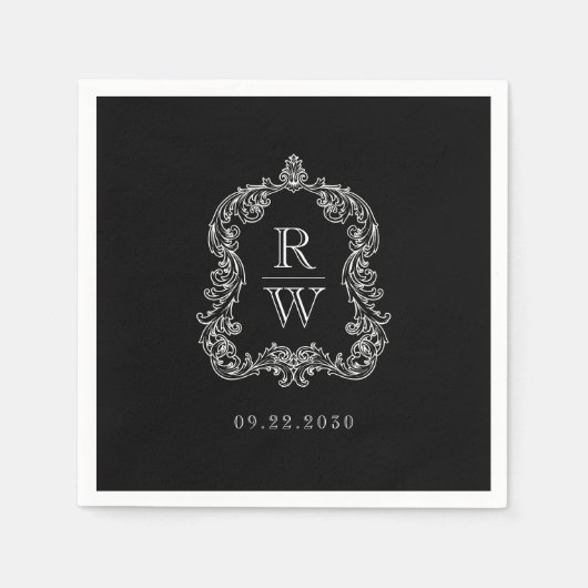 Elegant  Monogram Crest Zwart Wit Bruiloft Servet (Voorkant)