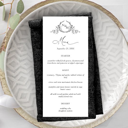 Elegant Monogram Crown Crest Wedding Menu