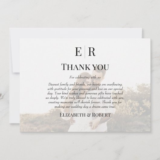 Elegant Monogram Custom Foto Bruiloft Bedankkaart (Voorkant)