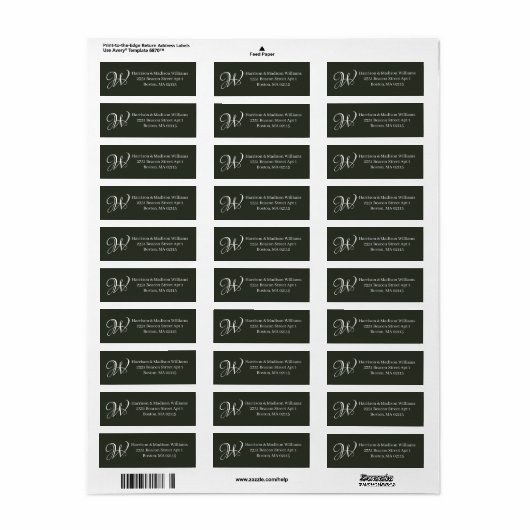 Elegant Monogram dark pine tree green address Etiket (Full Sheet)