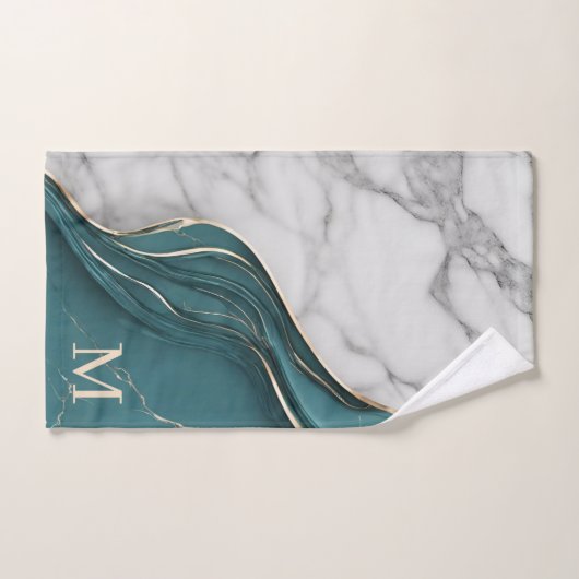 Elegant Monogram Donker Blauwgroen Goud Marmer Handdoek (Handdoek)