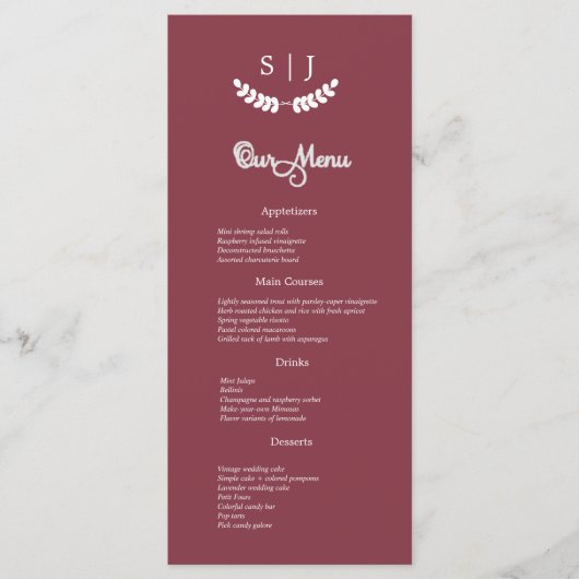 Elegant Monogram Donkerrode Juweeltoon Diner Menu (Voorkant)
