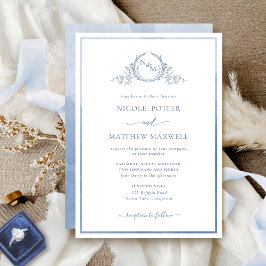 Elegant Monogram Dusty Blue Waterverf Wedding Kaart