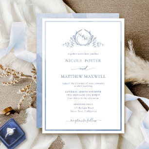 Elegant Monogram Dusty Blue Waterverf Wedding Kaart