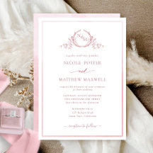 Elegant Monogram Dusty Roos Waterverf Wedding Inv